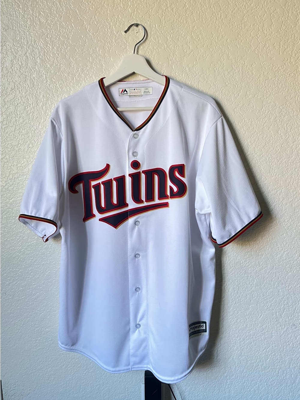 Majestic White Twins Baseball Jersey with Red & Navy Accents